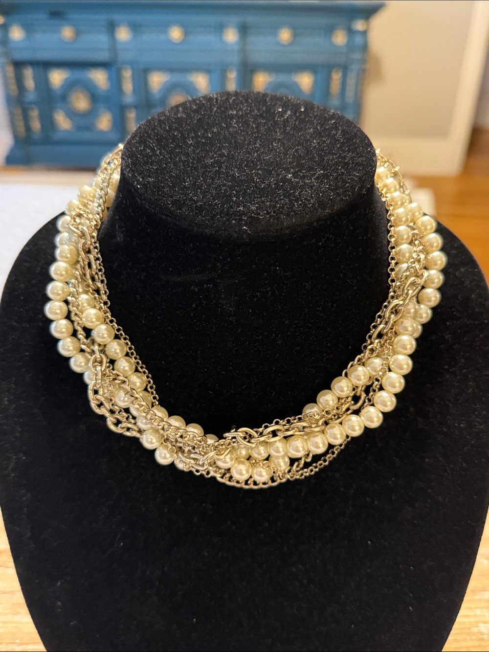 Ann Taylor Loft Silver Tone Faux Pearl Beaded Braided Choker Collar Necklace